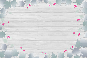 木の実と葉　板（ウッドデッキ）の上の背景イラスト、季節のイメージ