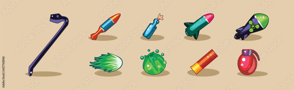 Poster dangerous explosives weapon as asset for mobile game vector set