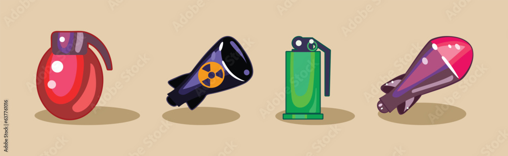 Poster dangerous explosives weapon as asset for mobile game vector set