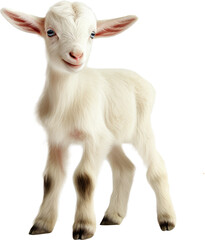 Cute white baby goat isolated on a white background as transparent PNG, animal