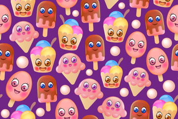 Ice cream seamless cute pattern, Repeating pattern with smiling cartoon ice creams