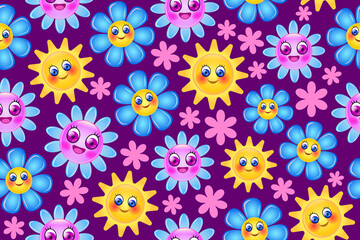 Seamless pattern with smiling flowers. Colorful floral pattern with cute smiling flowers.