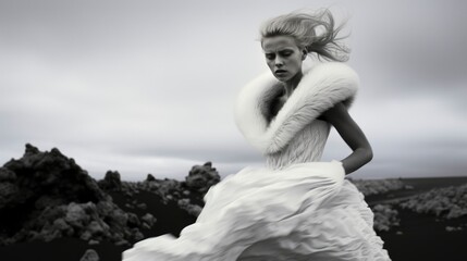 Fototapeta na wymiar AI Generated. Black and white fashion. Iceland. model.