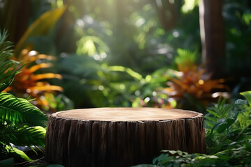 Natural Harmony Wooden Cut Round Podium Amidst Lush Tropical Plants. created with Generative AI