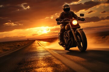 A silhouette shot of a motorcycle rider riding towards a captivating sunset, symbolizing the journey's end and new beginnings. Generative Ai