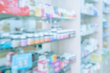 pharmacy drugstore shelves interior blurred abstract background