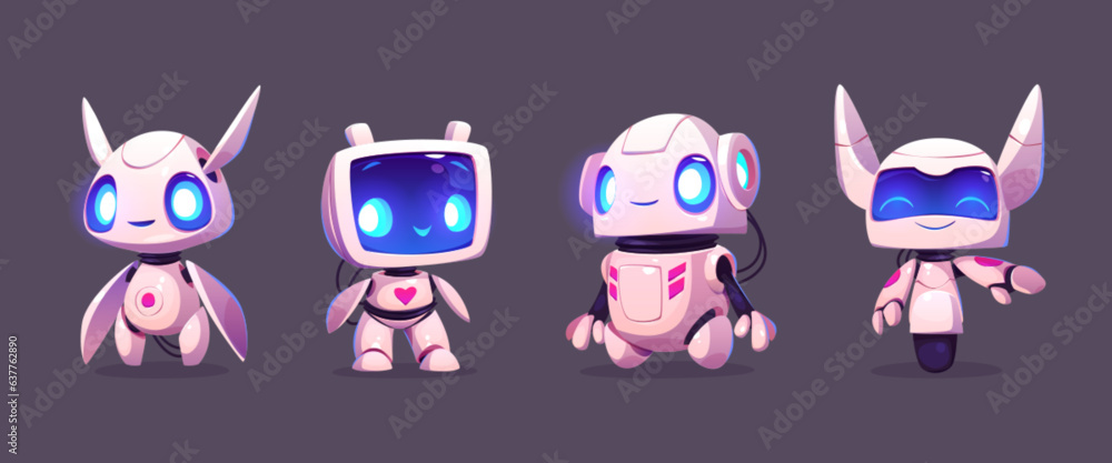 Poster cute ai robot evolution mascot cartoon vector set. digital modern computer bot design icon isolated.
