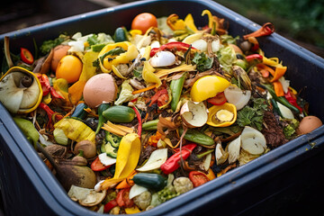 Compost container with mix vegetables and fruits peels and scraps. Outdoor compost bin for reducing kitchen waste. Organic waste in garden composter. Eco friendly gardening, sustainability, ecology
