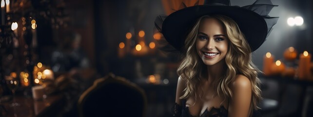 Fototapeta na wymiar Halloween witch. Beautiful young blonde woman in black lingerie and witch hat at Halloween party 