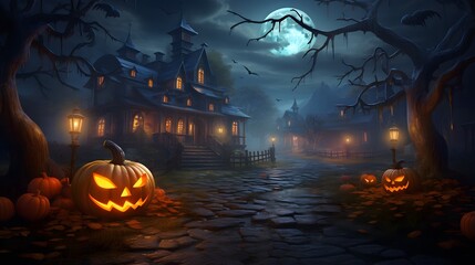 Halloween background with pumpkins and haunted house - 3D render. Halloween background with Evil Pumpkin. Spooky scary dark Night forrest. Holiday event halloween banner background concept	
 - obrazy, fototapety, plakaty