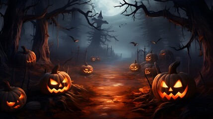 Halloween pumpkins in the forest at night.Halloween background with Evil Pumpkin. Spooky scary dark Night forrest. Holiday event halloween banner background concept