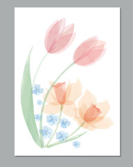 Vector watercolor card with daffodils, tulips and forget-me-nots - 637763286