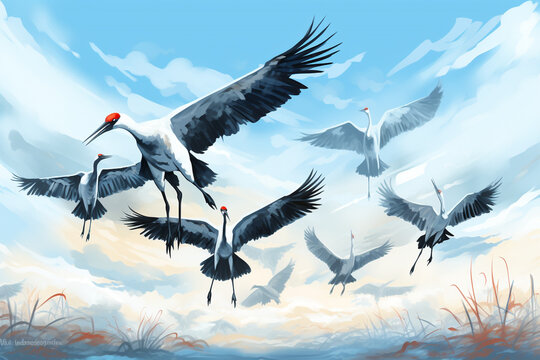 flock of cranes painting, crane background design, watercolor style