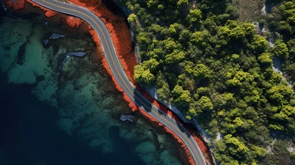 Papier Peint photo Lavable Noir Generative AI, Aerial view of curved asphalt road near the ocean or sea, coastline