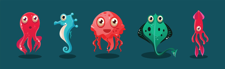 Big Eyed Sea Animal and Marine Creature Vector Set