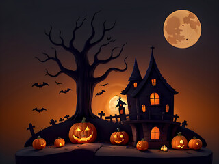 Fototapeta na wymiar Halloween dark background with pumpkin, Ghost, horror house, bat and nice moon