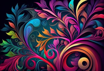 A vibrant abstract background with swirling patterns and leaf motifs
