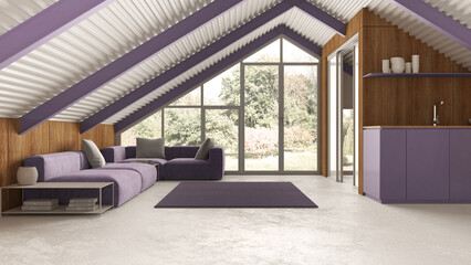 Modern mansard in white and purple tones, living room with sofa and kitchen. Iron beams and resin floor. Panoramic window with garden landscape. Minimalist interior design - obrazy, fototapety, plakaty