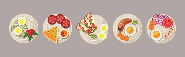 Breakfast Food and Meal Served on Plate Vector Set