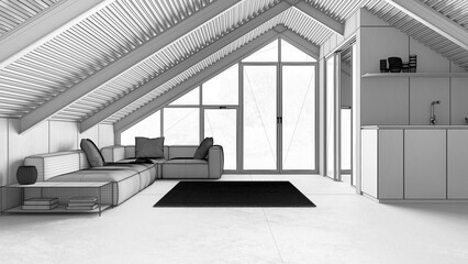 Blueprint unfinished project draft, modern mansard, living room with sofa and kitchen. Iron beams and resin floor. Panoramic window. Minimalist interior design