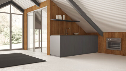 Minimal mansard in white and gray tones, kitchen with cabinets. Wooden walls, iron beams and resin...