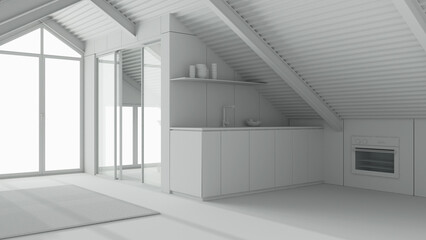 Total white project draft, minimal mansard, kitchen with cabinets. Wooden walls, iron beams and resin floor. Panoramic window with garden. Modern interior design