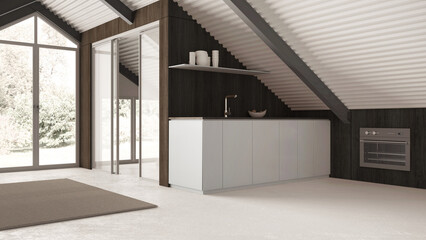 Minimal mansard in white tones, kitchen with cabinets. Dark wooden walls, iron beams and resin...