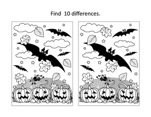 Halloween bats and pumpkins find the differences picture puzzle and coloring page
