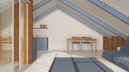 Contemporary mansard in white and blue tones. Kitchen, living and dining room with sofa and table....