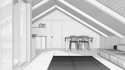 Blueprint unfinished project draft, contemporary mansard. Kitchen, living and dining room with sofa and table. Iron beams and resin floor. Minimalist interior design