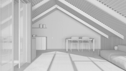 Total white project draft, contemporary mansard. Kitchen, living and dining room with sofa and table. Iron beams and resin floor. Minimalist interior design