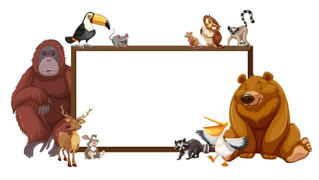 Wild animals sitting in front of board banner template isolated on white background