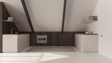 Modern mansard mezzanine in white and dark wooden tones, kitchen with cabinets and appliances. Iron...