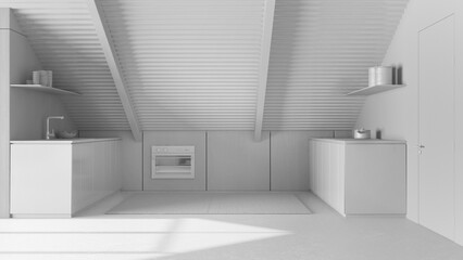 Total white project draft, modern mansard mezzanine, kitchen with cabinets and appliances. Iron beams and resin floor. Minimalist interior design