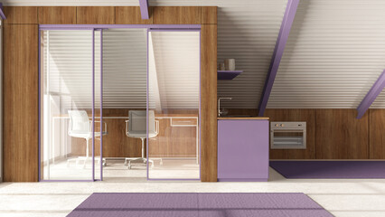 Modern mansard mezzanine in white and purple tones, home office and kitchen with cabinets and appliances. Iron beams and resin floor. Minimalist interior design - obrazy, fototapety, plakaty
