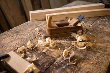 Carpentry tool. Hand plane. Old tools. Joinery tool. Wood shavings, chip