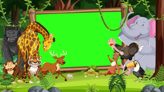 Wooden sign banner with green screen background featuring wild animals in a lush jungle forest.