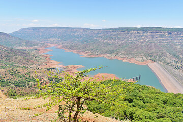Landscape of Krishna Valley and Dhom Dam view from Kate's Point located around 15 km outside Panchgani, on the way to Mahabaleshwar, Maharashtra, India