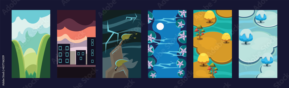 Aufkleber mobile game vertical backgrounds and scenery vector set