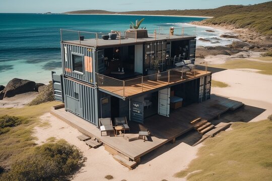Luxurious beachfront shipping container home with a freelancer retreat vibe. Generative AI