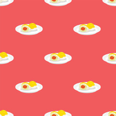 Cute cartoon-style Khanom Pia (Chinese pastry) on white plates in a seamless pattern on a vibrant red background. Perfect for Asian food, culinary, or playful design projects