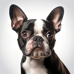 Fototapeta premium A curious black and white Boston Terrier dog staring directly into the camera created with Generative AI technology