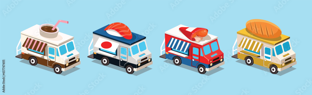 Poster Street Food Trucks and Vehicles Isometric Icons Vector Set