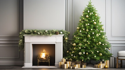 A big beautiful green Christmas tree with shiny balls and New Year's gifts in holiday boxes on the...