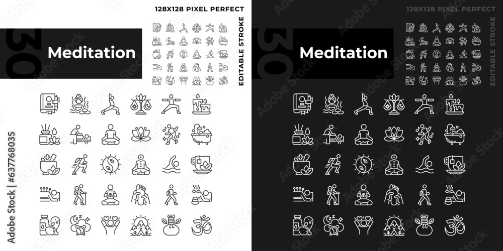 Wall mural Pixel perfect light and dark mode icons set representing meditation, editable thin line wellness illustration.