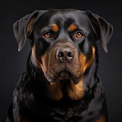 Obraz premium A close-up of a Rottweiler dog on a black background created with Generative AI technology