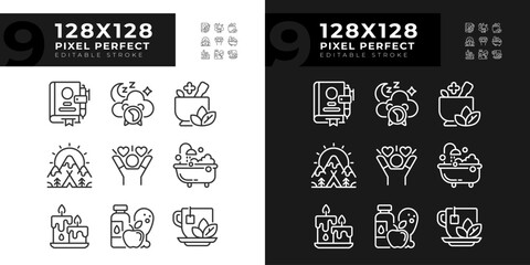 2D pixel perfect light and dark mode icons set representing meditation, editable thin line wellness illustration.