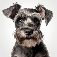 A Miniature Schnauzer dog's face up close against a white background created with Generative AI technology
