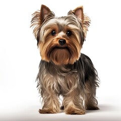A small Yorkshire Terrier dog standing in front of a white background created with Generative AI technology