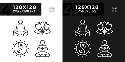 2D pixel perfect light and dark mode icons set representing meditation, editable thin line wellness illustration.